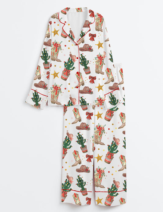 Women’s Western Cowboy Boots Hat Cactus Christmas Long Sleeve Satin Pajama Set