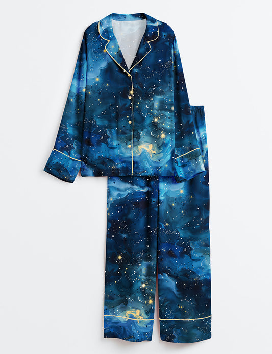 Women’s Starry Night Sky Stars And Moons Long Sleeve Satin Pajama Set