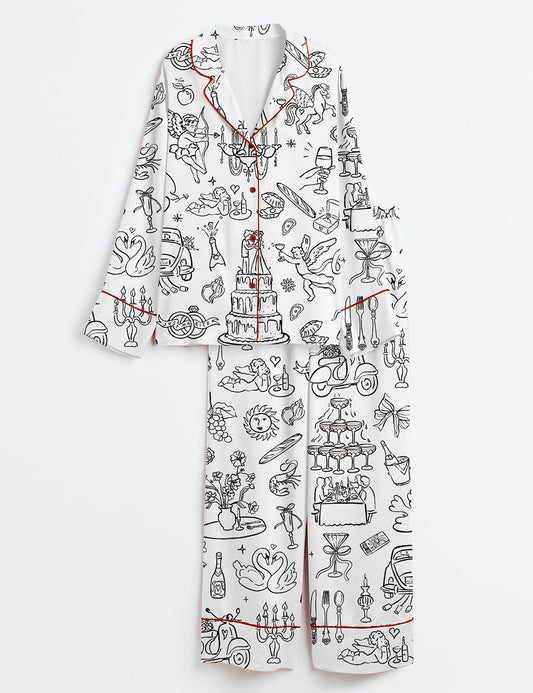 Women’s Hand Drawn Whimsical Wedding Print Long Sleeve Satin Pajama Set