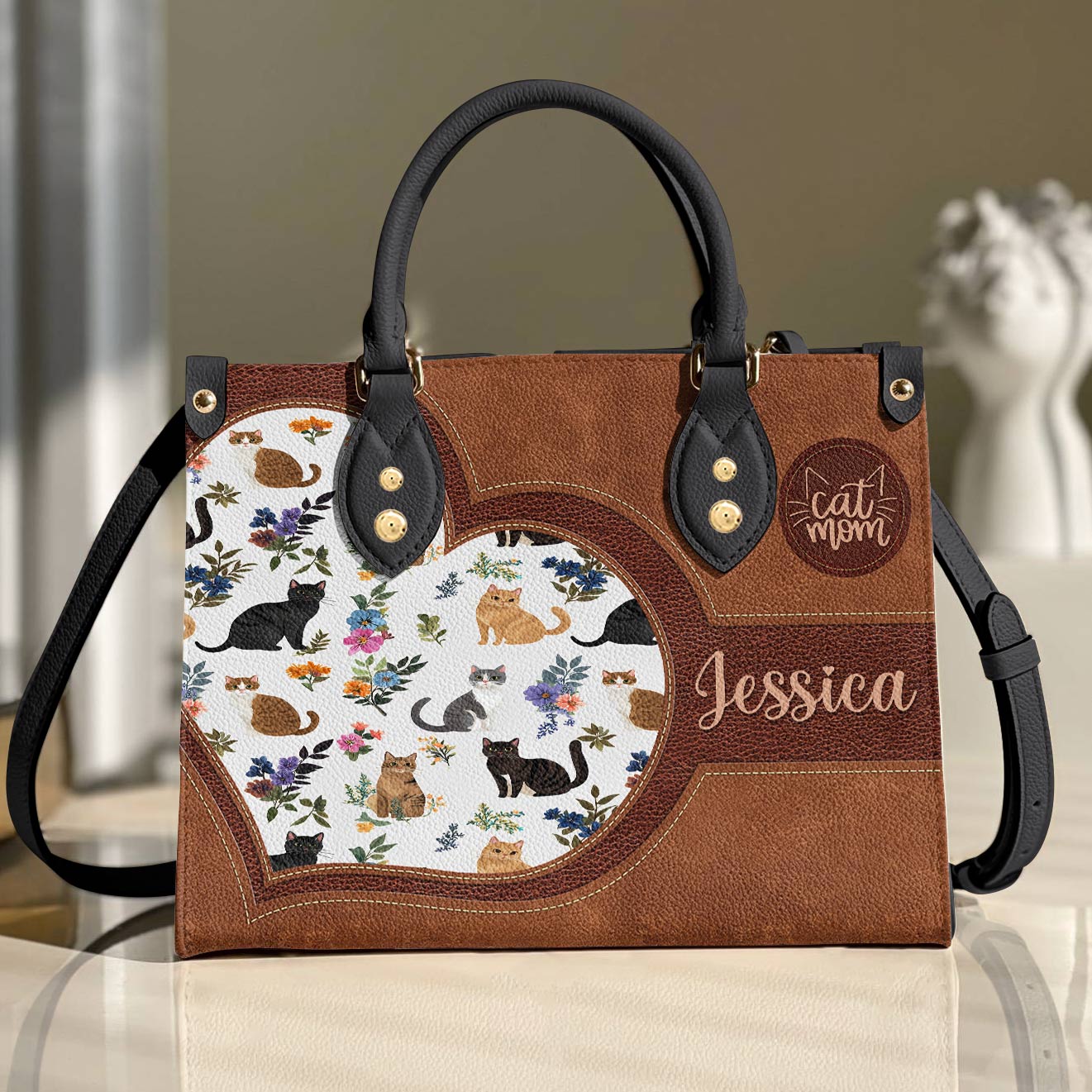 Lorva Personalized Leather Bag Heart Catmom