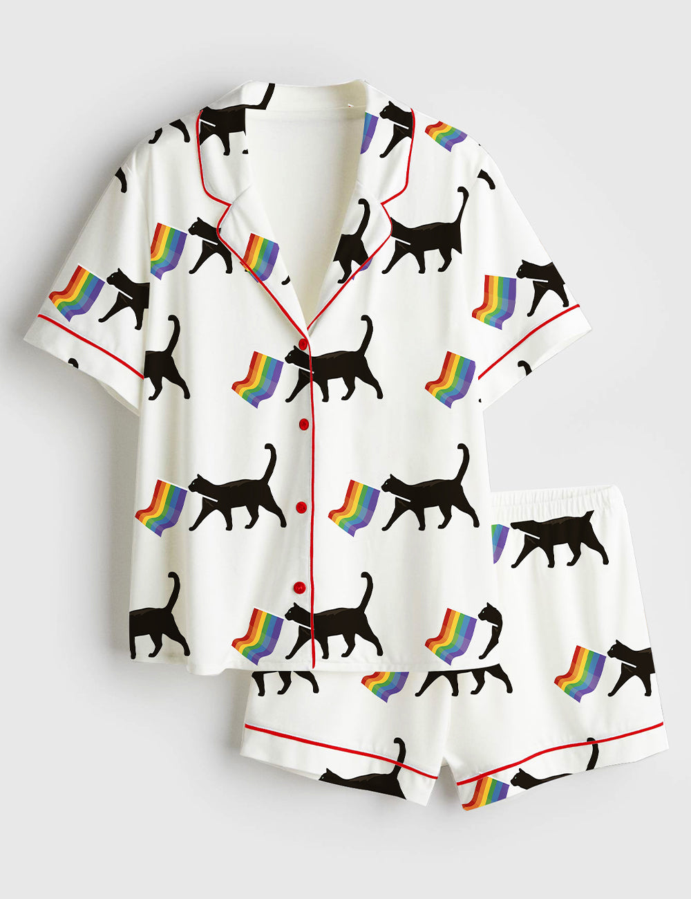 Women’s A Little Gay Cat Friend Pride Month LGBT Pride Print Short Sleeve Satin Pajama Set