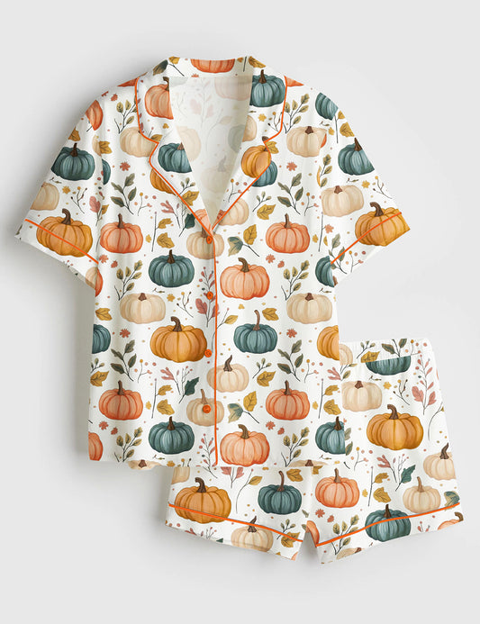 Women’s Autumn Pumpkin Short Sleeve Satin Pajama Set