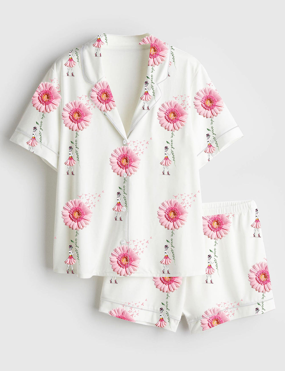Women’s Never Give Up Breast Cancer Awareness Pink Gerbera Daisy & Ribbon Print Short Sleeve Satin Pajama Set