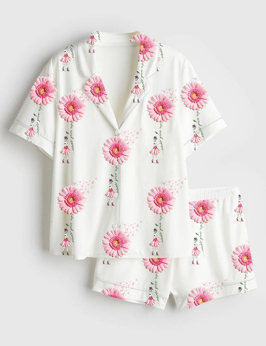 Women’s Never Give Up Breast Cancer Awareness Pink Gerbera Daisy & Ribbon Print Short Sleeve Satin Pajama Set