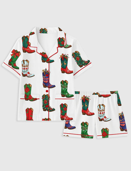 Women's Christmas Western Cowboy Boots Short Sleeve Pocket Cotton Family Pajama Set