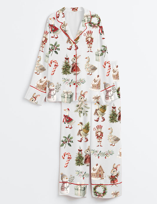Women’s Christmas Vintage Bunny Goose Watercolor Winter Wonderland Rustic Cute Animal Long Sleeve Satin Pajama Set