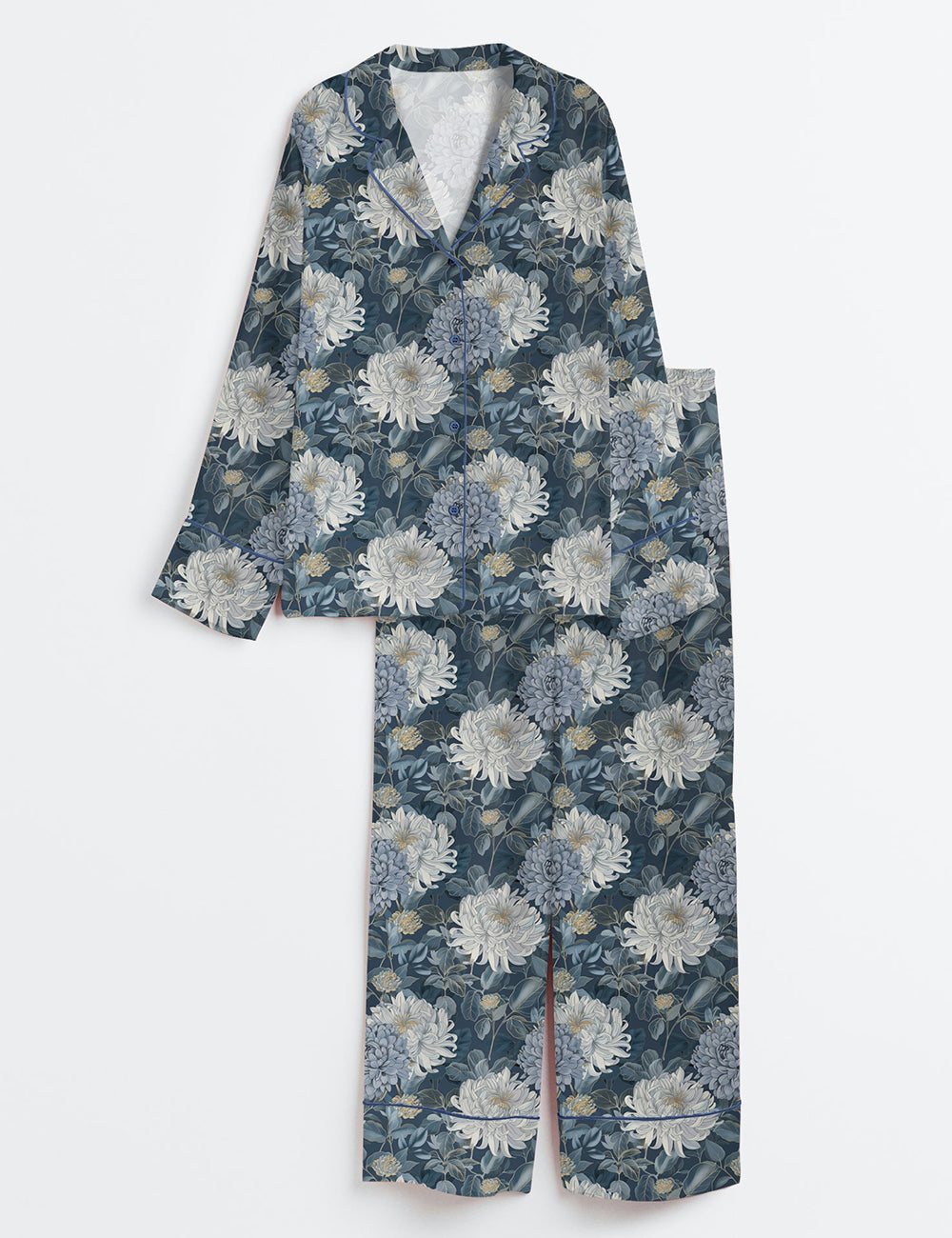 Women’s Elegant Blue Floral Large Chrysanthemums Print Long Sleeve Satin Pajama Set