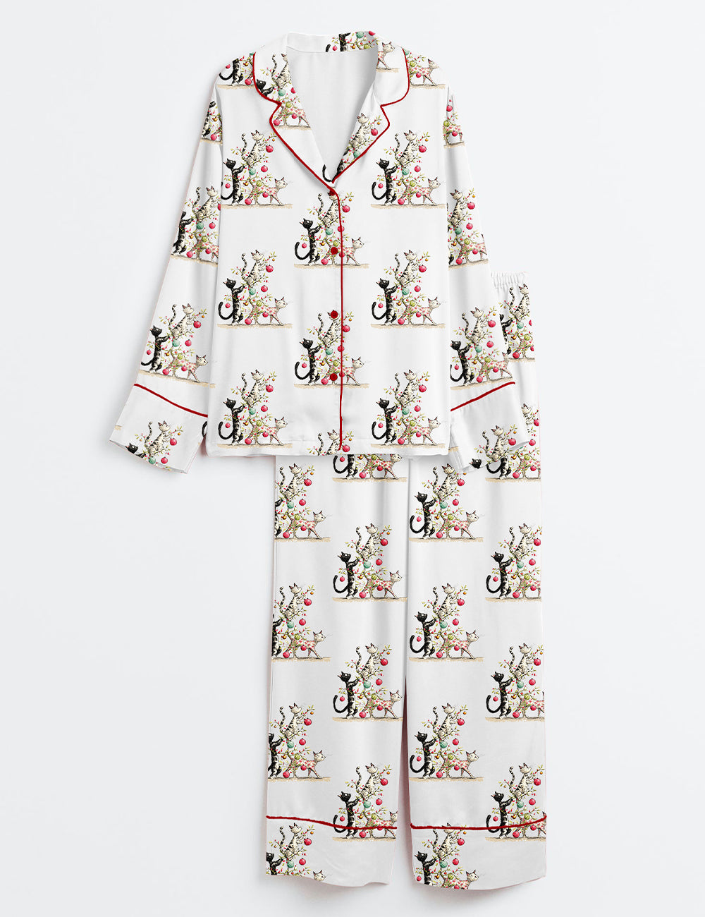 Women’s Whimsical Christmas Cats Watercolor Catmas Cat Lover Long Sleeve Satin Pajama Set