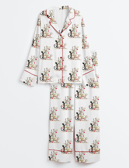Women’s Whimsical Christmas Cats Watercolor Catmas Cat Lover Long Sleeve Satin Pajama Set