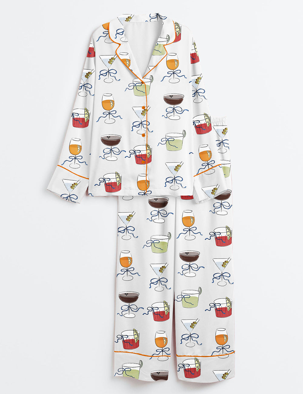 Women’s Cocktail Glass With Bow Hand Drawn Whimsical Dirty Martini Spritz  Negroni Margarita Icon Clip Art Long Sleeve Satin Pajama Set