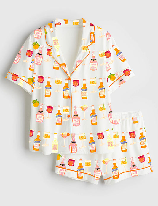Women’s Aperol Spritz Themed Party Short Sleeve Satin Pajama Set