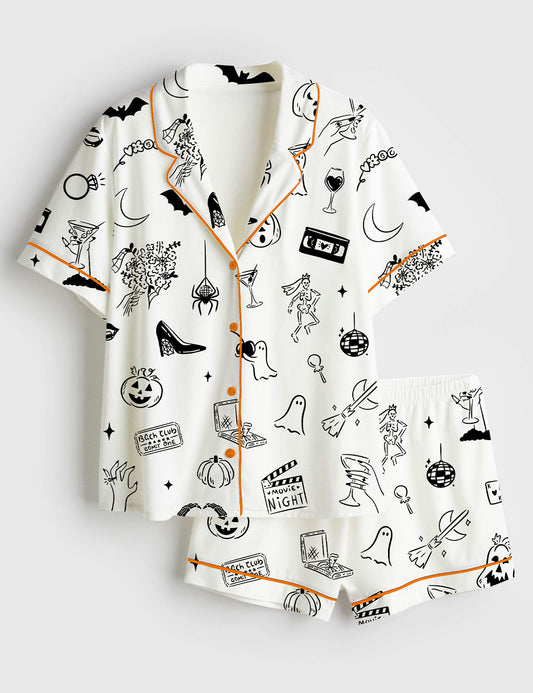 Women’s Hand Drawn Halloween Bachelorette Whimsical Doodles Spooky Clipart for Halloween Movie Night & Witchy Bachelorette Party Invite Short Sleeve Satin Pajama Set