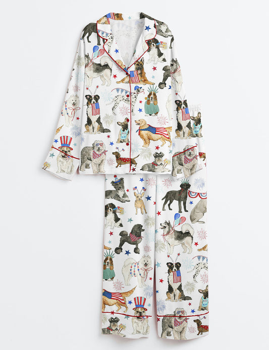Women’s The 4th Of July Independence Day American Dogs USA Flag Long Sleeve Satin Pajama Set