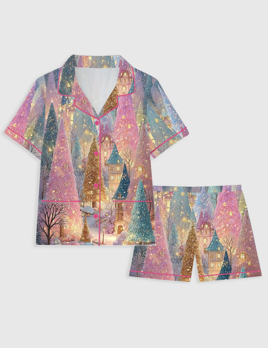 Women's Pink Christmas Tree Short Sleeve Pocket Cotton Pajama Set
