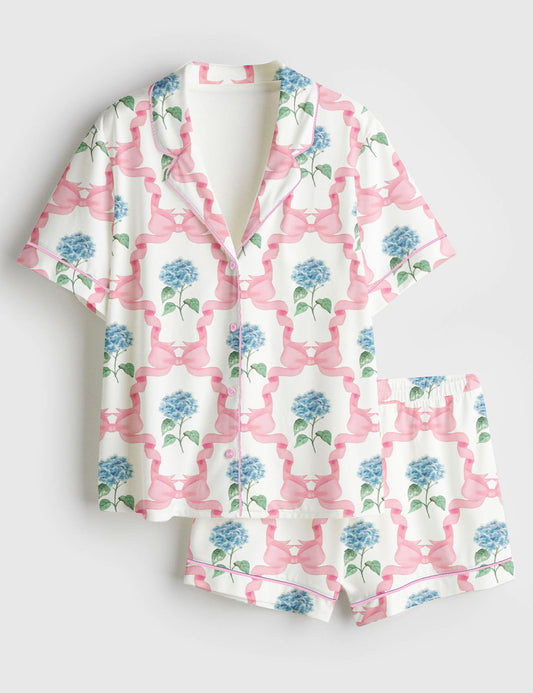Women’s Blue Hydrangea Pink Ribbon Watercolor Girls Preppy Grandmillenial Delicate Print Short Sleeve Satin Pajama Set