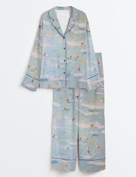 Women’s Aerial Surfers Abstract Coastal Light Blue Ocean View With Mini Surfboards Long Sleeve Satin Pajama Set
