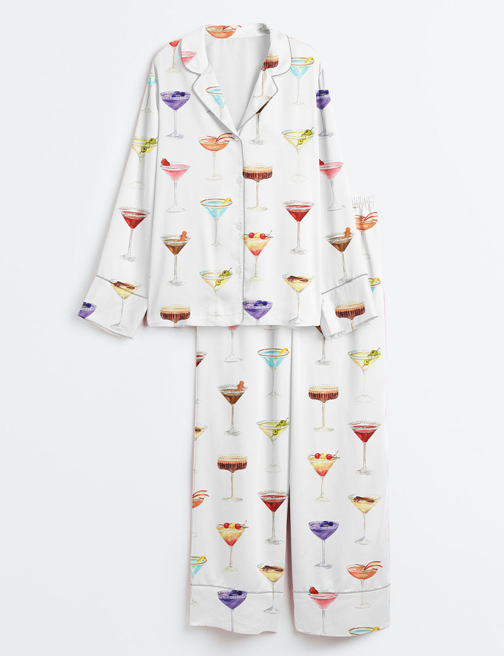 Women’s Martini Clipart Gin Cocktail Dirty Martini Fruity Mocktail Party Alcohol Drinks Mixed Drink Long Sleeve Satin Pajama Set