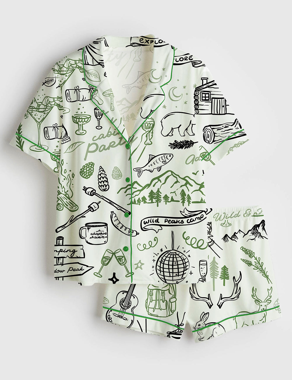 Women’s Outdoor Whimsical Style Hand Drawn Cabin Party Camping Wilderness Print Short Sleeve Satin Pajama Set