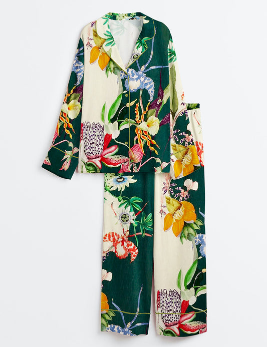 Women’s Elegant Bouquet Flowers Plant Long Sleeve Satin Pajama Set
