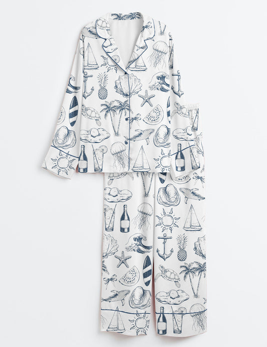 Women’s Vintage Coastal Nautical Hand Drawn Sea Life Retro Summer Beach Print Long Sleeve Satin Pajama Set