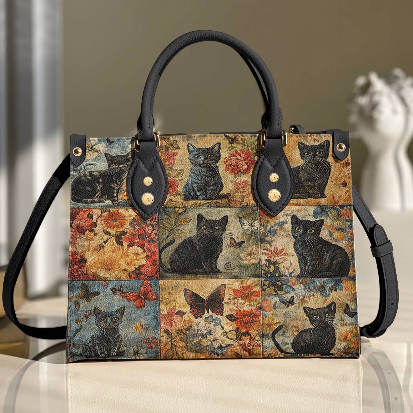 Leather Bag Mystic Floral Black Cat