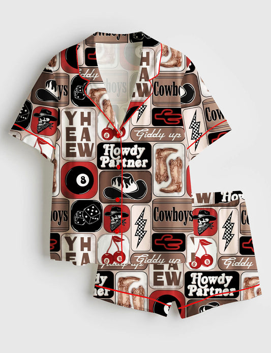 Women’s Yee Haw Howdy Partner Giddy Up Western Cowboy Collage Print Short Sleeve Satin Pajama Set