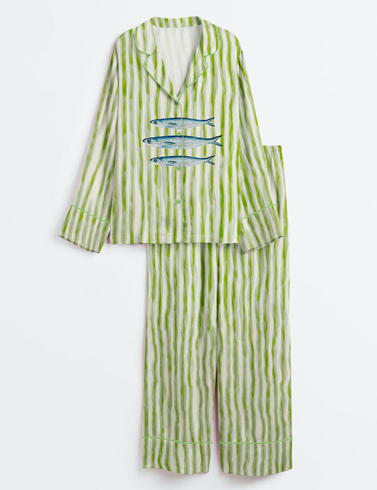 Women’s Trendy Aesthetic Sardines Fish Summer Beach Sardines Green Stripe Print Long Sleeve Satin Pajama Set