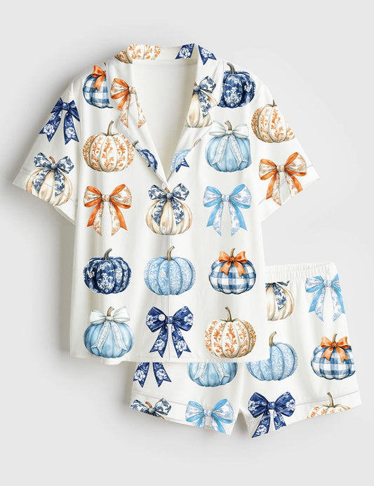 Women’s Watercolor Pumpkins And Bows Clipart Blue Toile Pumpkins Fall Gingham Pumpkins Short Sleeve Satin Pajama Set