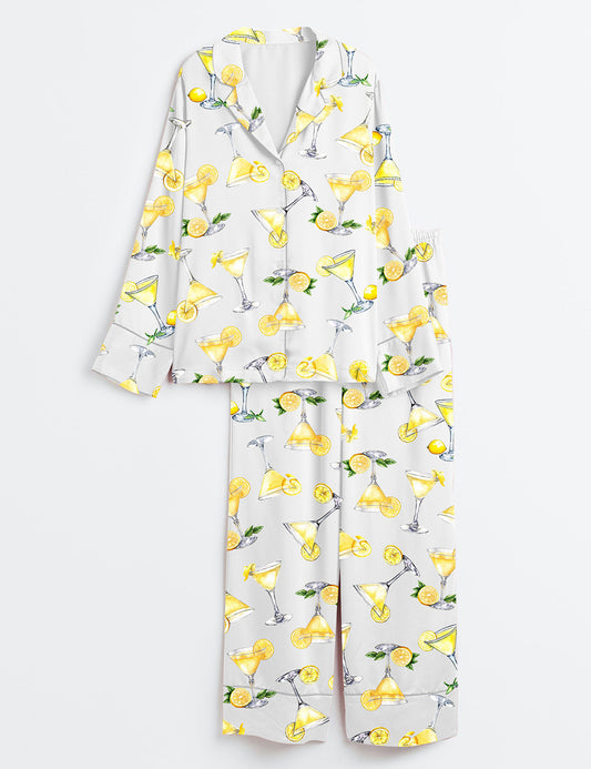 Women’s Lemon Drop Martini Watercolor Cocktail Beverage Alcohol Wedding Clipart Margarita Long Sleeve Satin Pajama Set