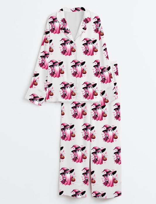 Women’s In October We Wear Pink Breast Cancer Awareness Halloween Pink Ghost Long Sleeve Satin Pajama Set
