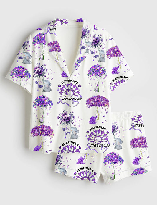 Women’s Alzheimer's Awareness Purple Ribbon Alzheimer's Support Purple Flowers Short Sleeve Satin Pajama Set