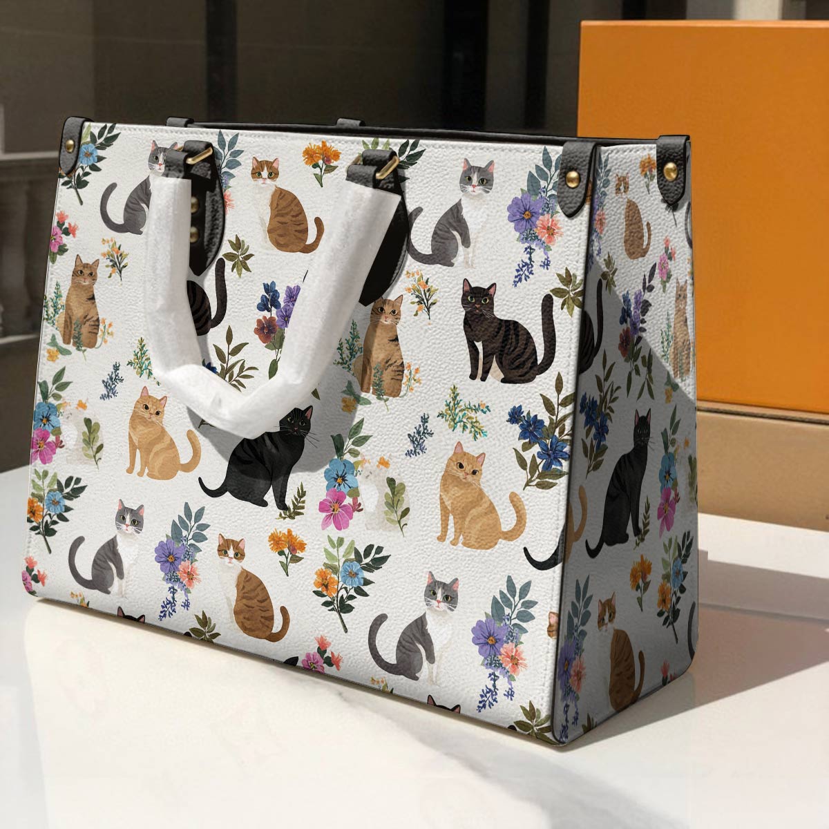 Leather Bag Cute Floral Cats