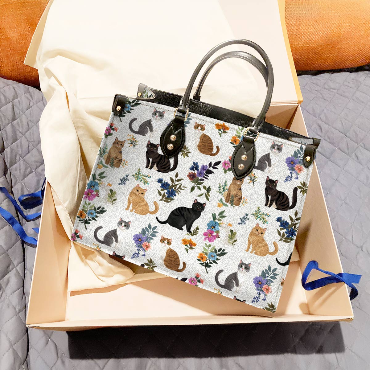 Leather Bag Cute Floral Cats