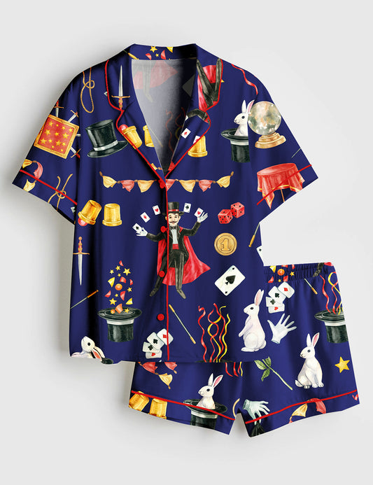 Women’s Magic Show Card Tricks Short Sleeve Satin Pajama Set
