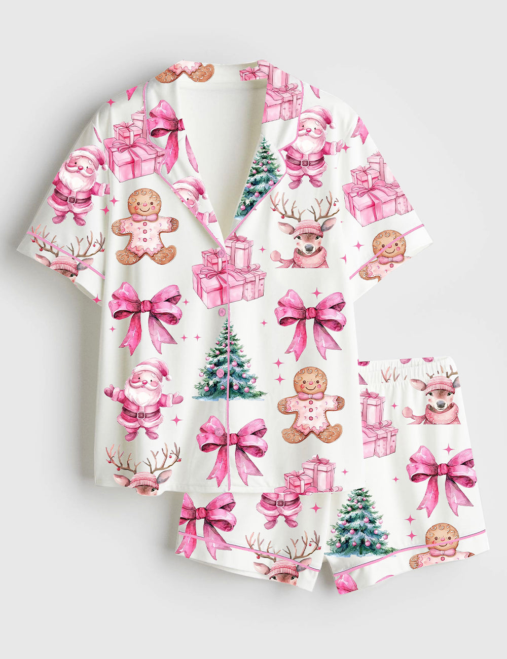 Women’s Pink Bow Christmas Girly Short Sleeve Satin Pajama Set