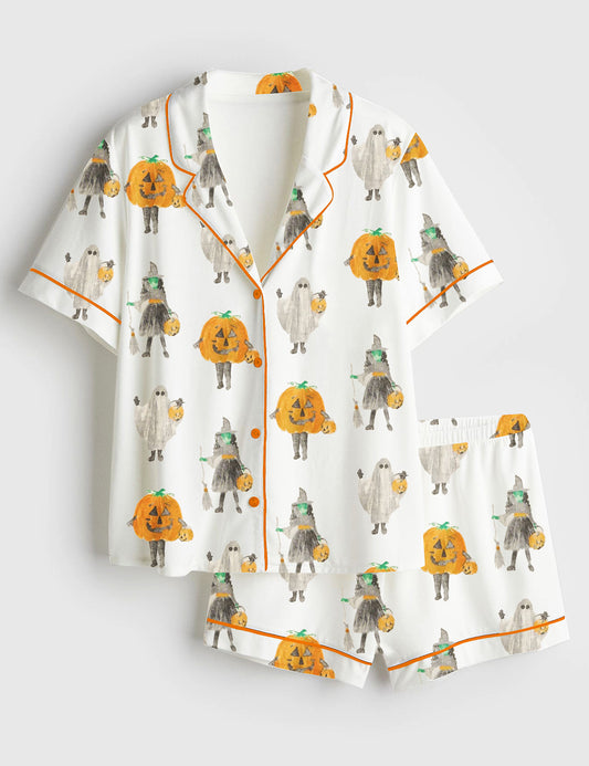 Women’s Witchy Halloween Spooky Pumpkin Aesthetics Witchy Halloween Witch Print Short Sleeve Satin Pajama Set