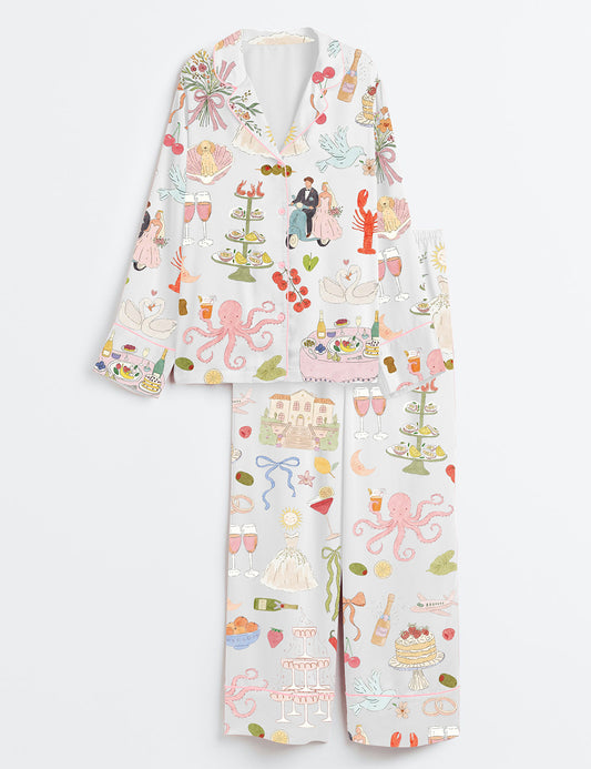 Women’s Whimsical Hand Drawn Watercolor Wedding Dolce Vita Summer Print Long Sleeve Satin Pajama Set