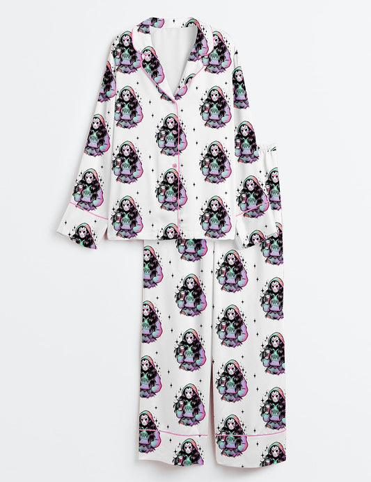 Women’s Horror Halloween Retro Mama Winter Coffee Print Long Sleeve Satin Pajama Set