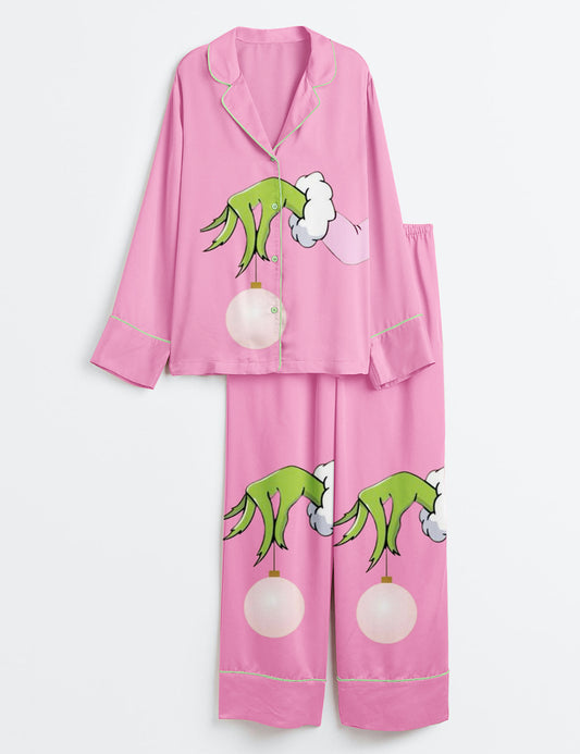 Women’s Pink Christmas Grinch Long Sleeve Satin Pajama Set