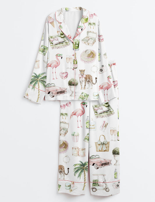 Women’s Watercolor Palm Club Summer Miami Beach Vacation Print Long Sleeve Satin Pajama Set