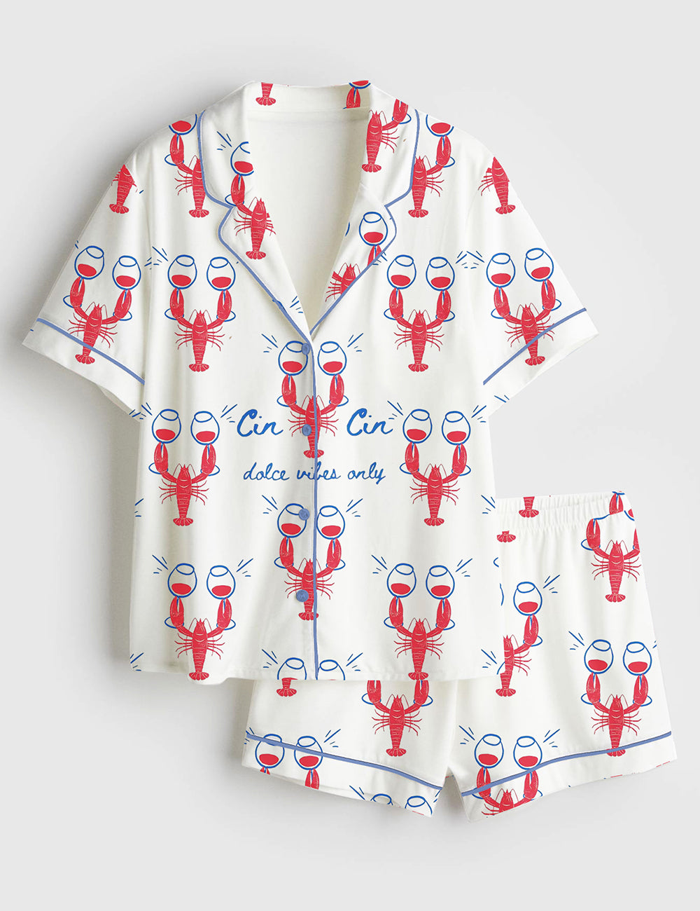 Women’s Fisherman Aesthetic Dalce Vibes Coastal Lobster Ocean Italian Girl Travel Wine Champagne Short Sleeve Satin Pajama Set