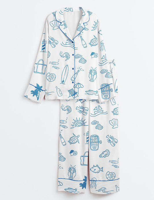 Women’s Coastal Summer Beach Long Sleeve Satin Pajama Set