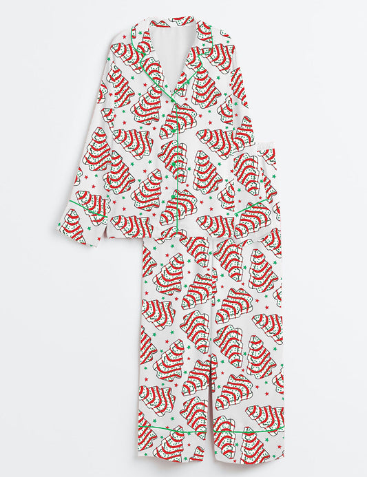Women's Christmas Tree Cake Long Sleeve Satin Pajama Set
