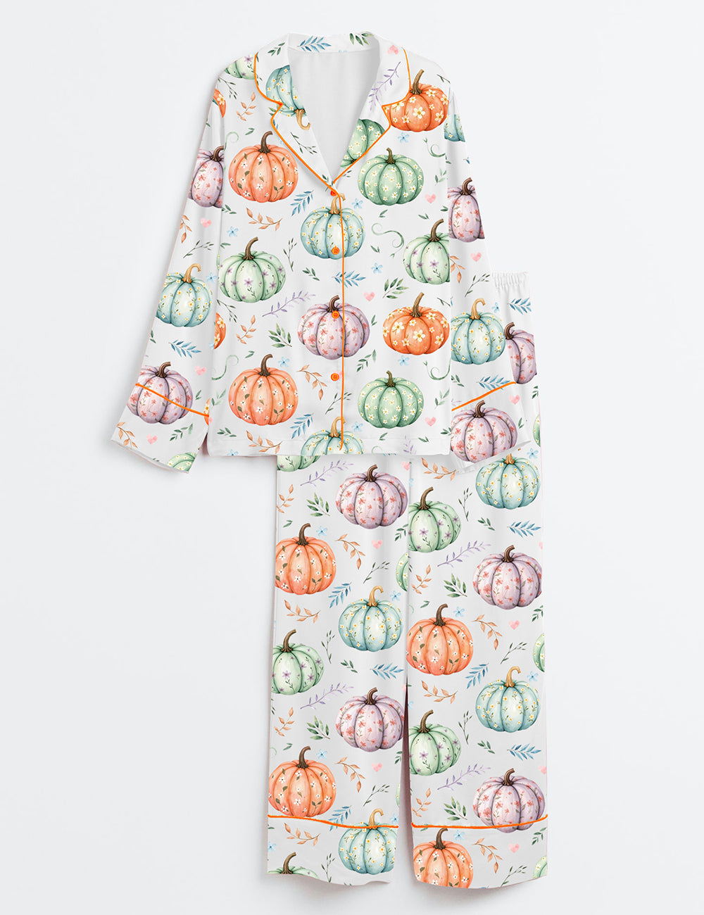 Women's Whimsical Floral Pumpkins Long Sleeve Satin Pajama Set