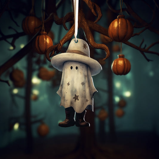 Ornáid Bó Cowboy, Ornáid Oíche Shamhna Boo, Maisiú Carranna Cowboy, Ornáid Greannmhar Howdy Boo, Ornáid Ghost Cowboy, Maisiúchán Oíche Shamhna