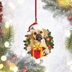 Cute Puggle Give Gifts Hanging Christmas Two Sided Mica Plastic Ornament, Ornament Decoration, Ornament Christmas - TeeZworldVN