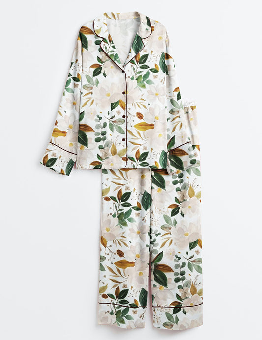 Women’s Romantic Magnolia Floral Long Sleeve Satin Pajama Set