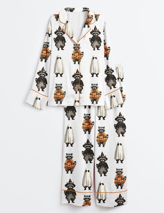 Women’s Retro Spooky And Feral Raccoon Halloween Feral Girl Creepy Cute Raccoon Ghost Print Long Sleeve Satin Pajama Set