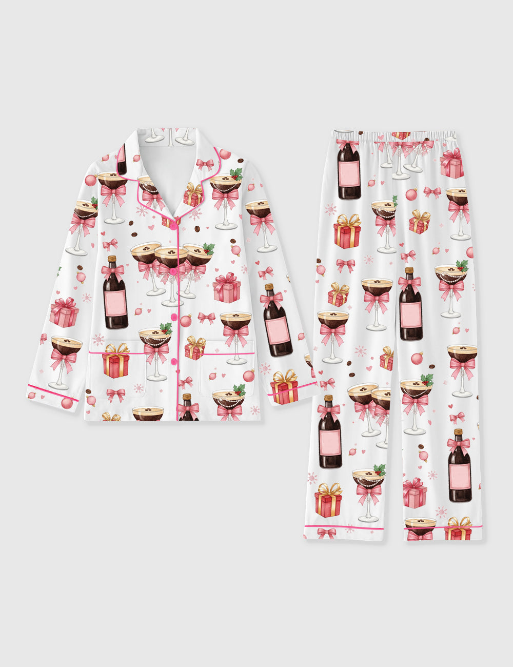 Women's Pink Champagne Cocktail Martini Holiday Whisky Christmas Gifts Long Sleeve Pocket Cotton Family Pajama Set