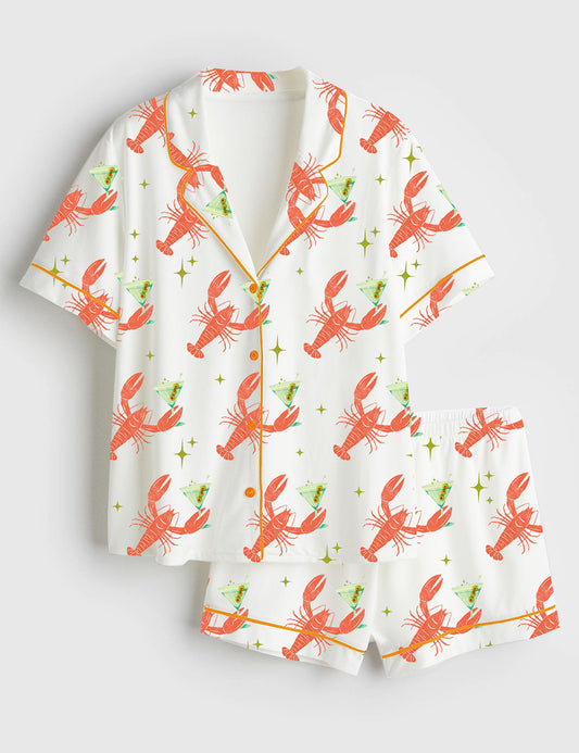 Women’s Trendy Lobster And Dirty Martini Fisherman Aesthetic Vintage Coastal Short Sleeve Satin Pajama Set